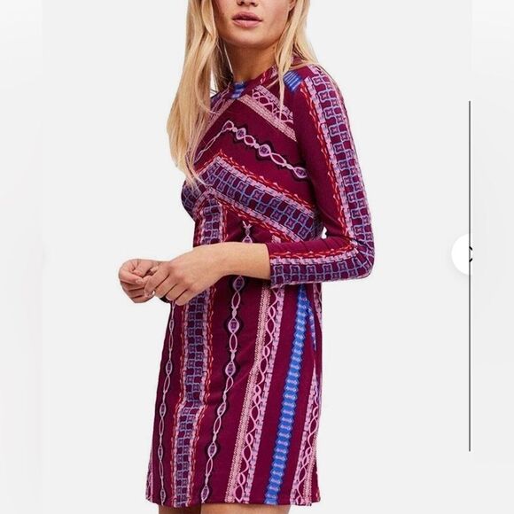 Free People [ Small ] Stella Graphic Boho A-Line Mini Dress in Purple - Picture 3 of 9